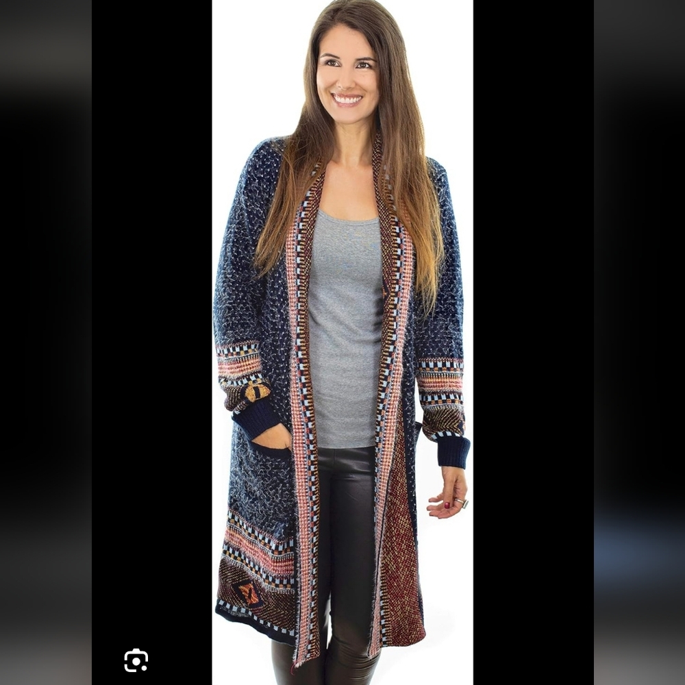 Happy Trunks Dark Blue Aztec Cowgirl Western Boho Long Cardigan Womens S-M EUC